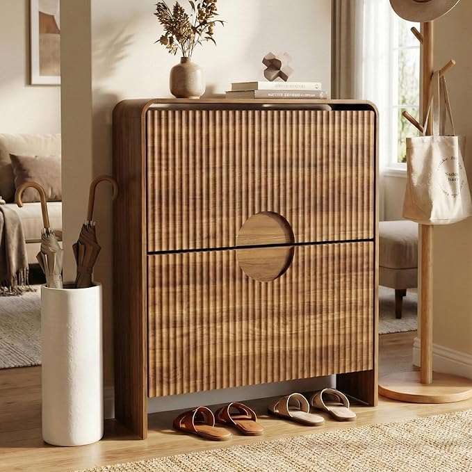 Slim Shoe Storage Cabinet for Entryway, Narrow Shoe Cabinet with 2 Tier Flip Drawers Doors, Fluted Hidden Shoe Rack Organizer for Entrance, Entry Way, Foyer, Hallway, Walnut, Wooden