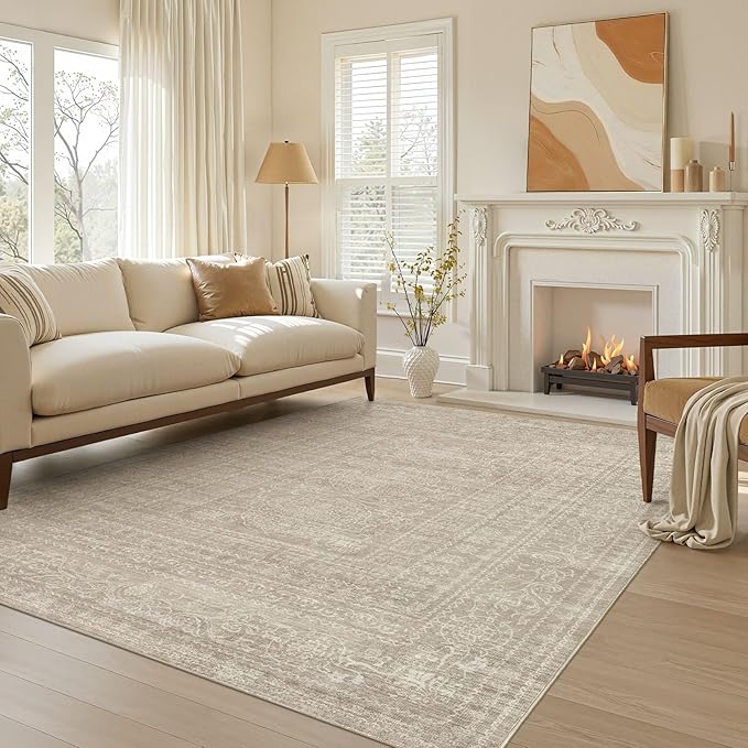 6x9 Area Rugs Living Room: Washable Large Vintage Rug Neutral Non-Slip Soft Stain Resistant Indoor Carpet for Bedroom Nursery Dining Room Under Table Bed Home House Office Playroom - Brown