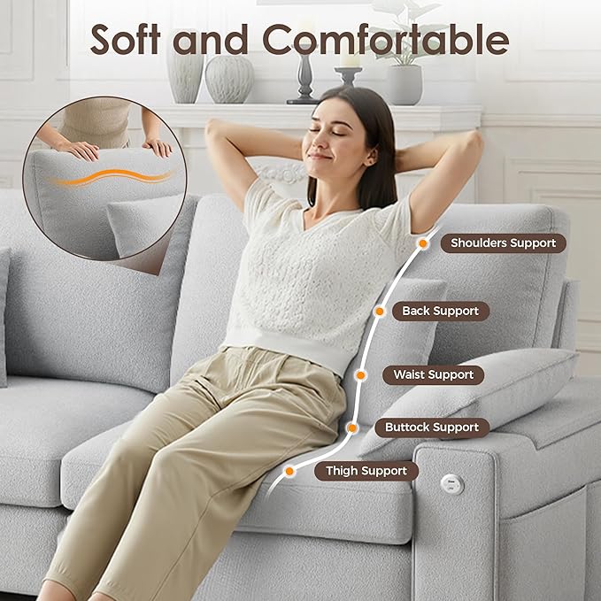 88.58" 3 Seats Deep Seat Sofa Couch, Light Grey | USB/Type-C Port, Side Storage, Removable Cover, Wide Armrest, For Small Space