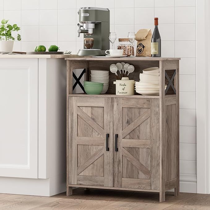 Homhedy Farmhouse Bathroom Storage Cabinet with 2 Doors, Toilet Paper Cabinet with Adjustable Shelves, Small Bathroom Cabinet for Kitchen/Laundry/Living Room, 11.8 x 23.6 x 31.5 Inches, Greige