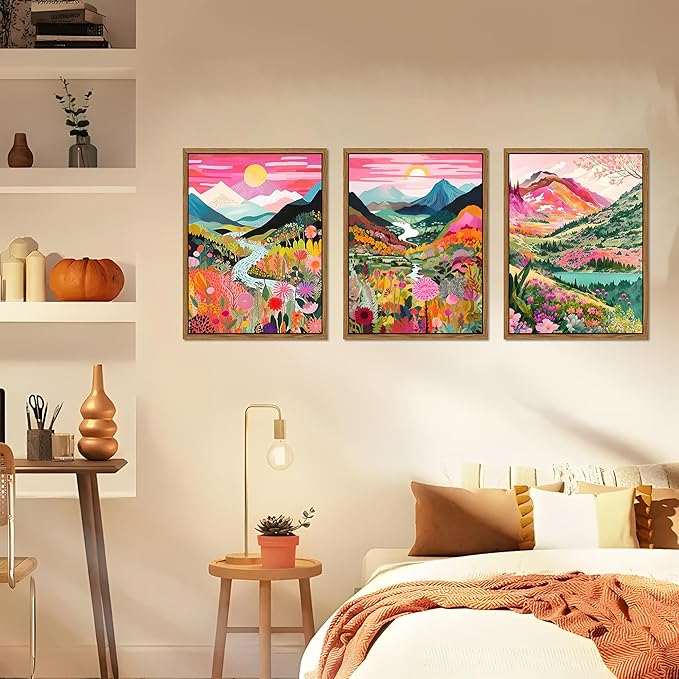 Floating Framed Boho Colorful Mountain Wall Art Set of 3, Abstract Watercolor Landscape Flower Wall Decor Paintings, Modern Nature Sunset Forest Posters Prints for Living Room, Bedroom 12x16 Inch