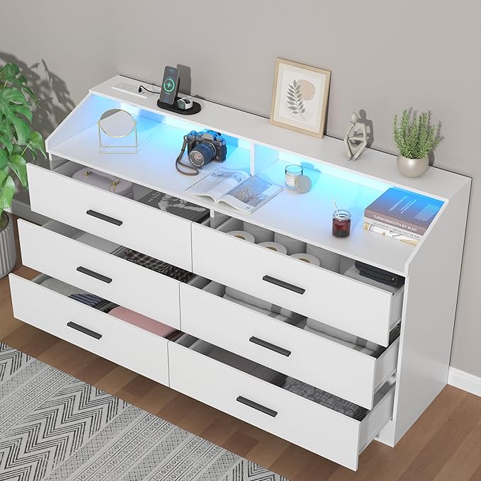 Gyfimoie 6 Drawer Dresser with Power Outlet, Chest of Drawers with LED Light, Modern Dresser with Open Storage Cubby, Double Wide Dressers Organizer for Bedroom, Living Room, Entryway, Hallway