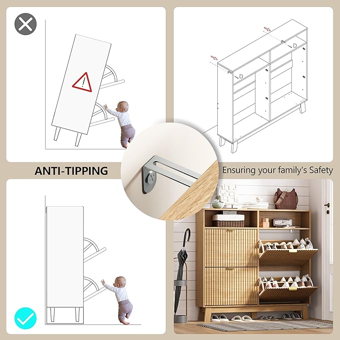 HUANLEGO Shoe Cabinet Storage for Entryway with 4 Flip Drawers, Fluted Narrow Shoe Organizer with Wooden Legs & Top Cubby, Freestanding Slim Shoe Storage Hidden Shoe Rack for Front Door Entrance, Oak