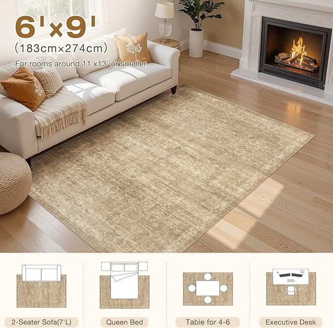 Nakagishi 6x9 Area Rugs Living Room: Washable Large Vintage Rug Neutral Non-Slip Soft Stain Resistant Indoor Carpet for Bedroom Nursery Dining Room Office Playroom - Dark Bown