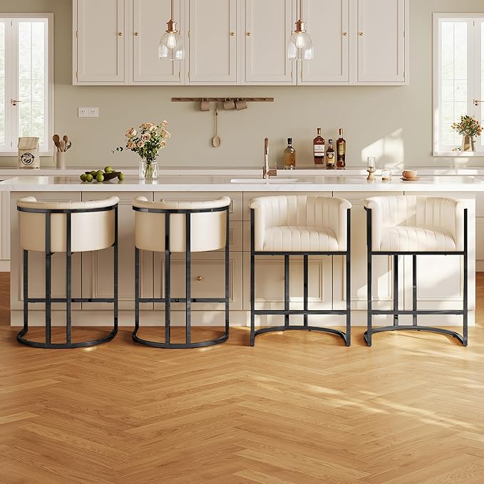 Modern Counter Height Bar Stools,Bar Stools Set of 4,PU Leather Upholstered Barrel Barstools with Backs and Arms,26'' Kitchen Island Chairs,Metal Black Frames,Beige White