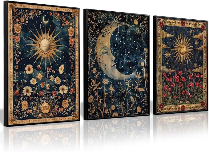 Tocliky Moon Sun Gothic Wall Art Tarot Card Celestial Canvas Poster Witchy Vintage Wall Decor Boho Floral Aesthetic Painting Dark Academia Mystical Astrology Posters for Bedroom 12x16x3 Inch Unframed