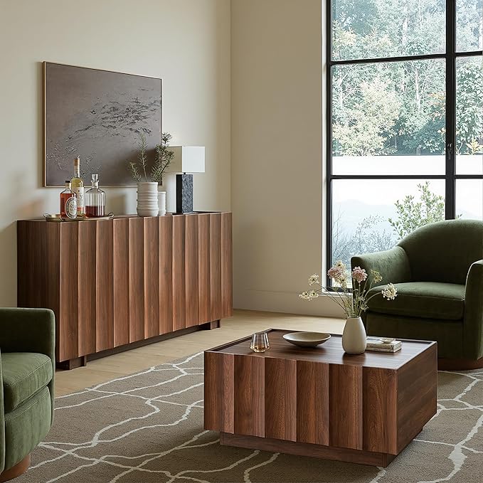 win2win Buffet Cabinet with Storage, Mid Century Modern Sideboard with Wave Design, Wood Grain Finish, Credenza with Adjustable Shelves, Modular Cabinets for Living Dining Room Hallway, Walnut