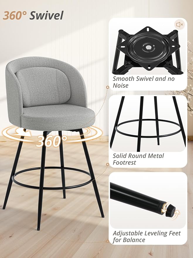 LUE BONA 26''H Swivel Bar Stools Set of 3, Counter Height Bar Stools with Backs, Lumbar Pillow and Black Metal Frames, Upholstered Morden Barstools for Kitchen Island, Linen Farbic, Gray