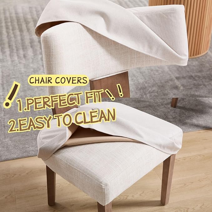 HNY Mid Century Modern Dining Chairs Set of 6 with Seat Covers, Farmhouse Linen Fabric Upholstered Accent Chairs Curved Backrest Kitchen Chairs, with Hardwood Frame, Beige