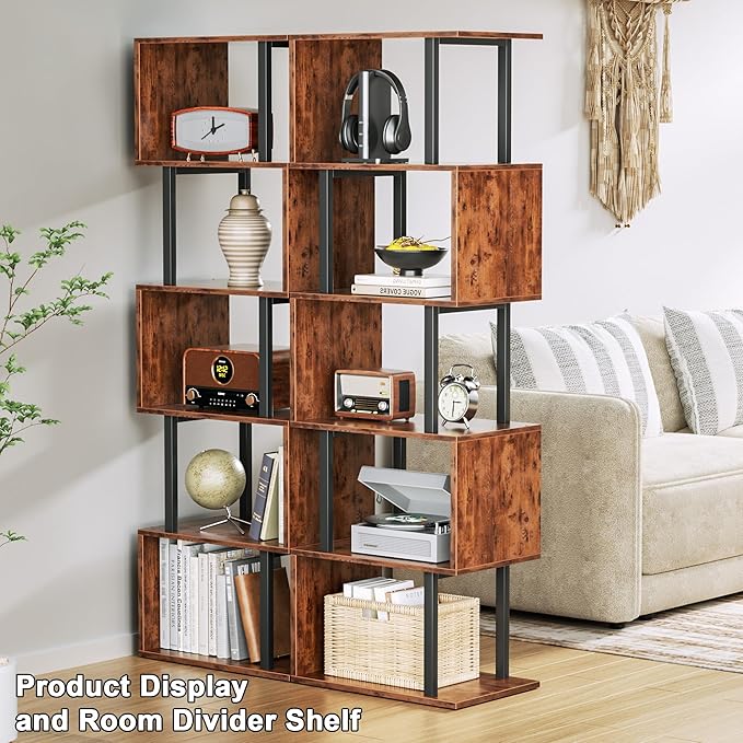 Furologee 6 Tier Bookshelf, Tall S Shaped Geometric Bookcase, Modern Display Shelf Standing Unit, Wood Metal Decorative Divider Rack for Living Room Bedroom Office, Rustic Brown | Tall, Bookcase, Display, Book Shelf, Decorative, Bookshelves