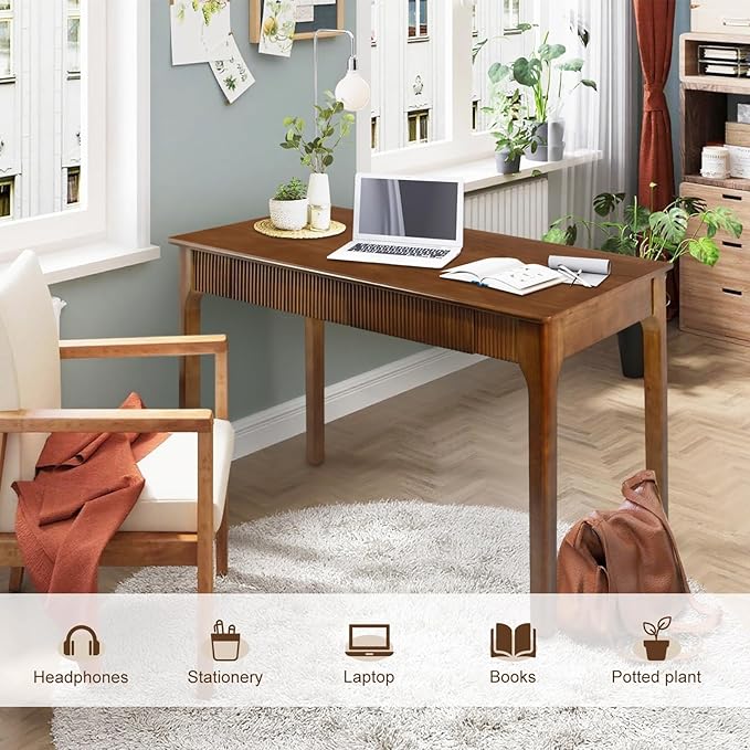 39.4'' Solid Wood Desk with 2 Drawers, Mid Century Modern Home Writing Office Small Wooden Desk ,Vintage Computer Table with Storage for Living Room, Bedroom, Fluted Design Walnut(Walnut, 39.4 Inch)