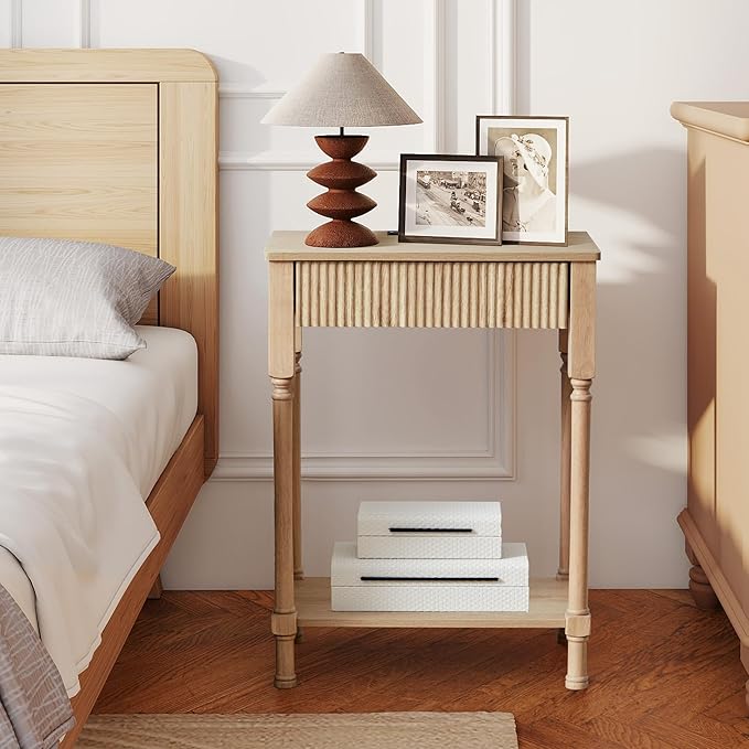 Night Stand Set of 2,Fluted Nightstand with Charging Station, 23.6” Large Bed Side Table End Table with Drawer, Modern Mid Century Wooden Night Stands Bedside for Bedroom Living Room Office,Natural