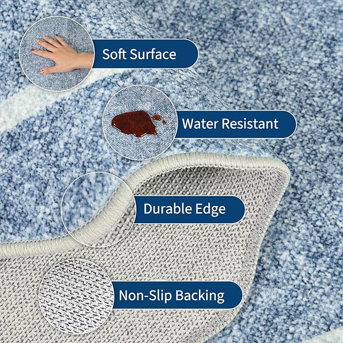 GarveeHome Scalloped Washable Rug 4x6, Blue Boho Living Room Area Rug, Bordered Non-Slip Farmhouse Bedroom Carpet Dorm Room Throw Rug, Low Pile Soft Accent Mat for Kitchen Entry Office 4 ft x6 ft Blue