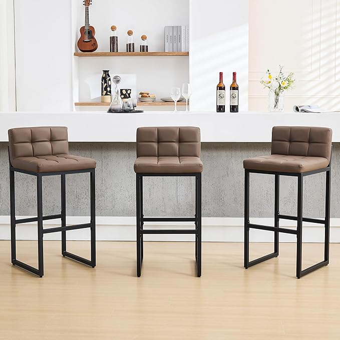 FIRAVOE Set of 3 Bar Stools with Back, Modern Bar Height Barstools with Thickened Metal Legs, 30" Faux Leather Counter Chairs for Kitchen Island, Bar, Counter (Coffee Brown, 3Pcs 30" Bar Stools)