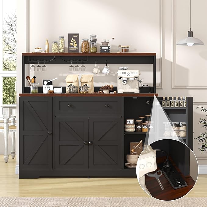 VVFLU Hutch Storage Buffet Cabinet with Drawers, and Charging Station, Coffee Bar Cabinet with Barn Doors, Wine Rack and Hooks, White Wood Sideboard Buffet for Kitchen, Dining Room, 47.8" High