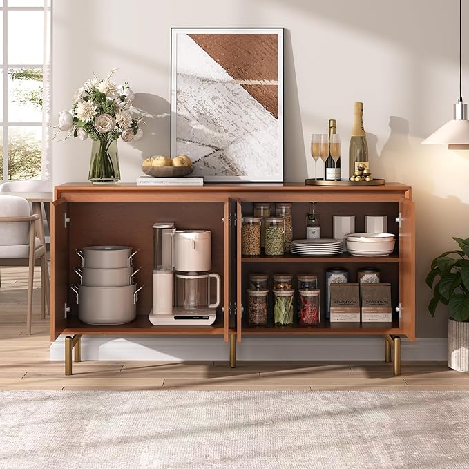 JOINICE Storage Cabinet, 59" Sideboard Buffet Cabinet with 4 Doors, Mid-Century Modern Wood Accent Cabinet, Chevron Pattern Credenza for Dining Room, Living Room, Entryway, Brown