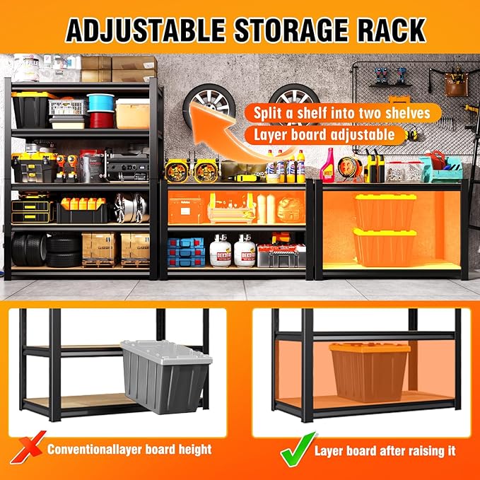 78''H*46''W Storage Shelves,3000LBS Garage Shelving ,Adjustable Garage Shelves ,Heavy Duty Metal Shelving, 5 Tier Wood Utility Steel Shelf, Shelving Units and Storage Rack fo Kitchen Pantry Laundry