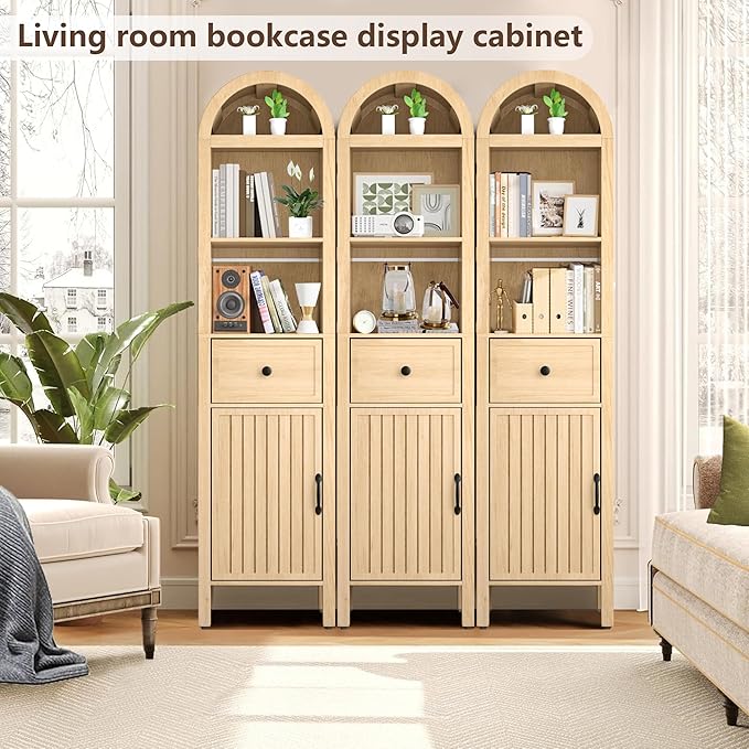 Lxsxlome 64" Tall Bathroom Storage Cabinet with Adjustable Shelves,Tall Narrow Arched Freestanding Tower Cabinet with Fluted Doors and Drawers,Space Saving Organizer for Bathroom Living Room (Oak)
