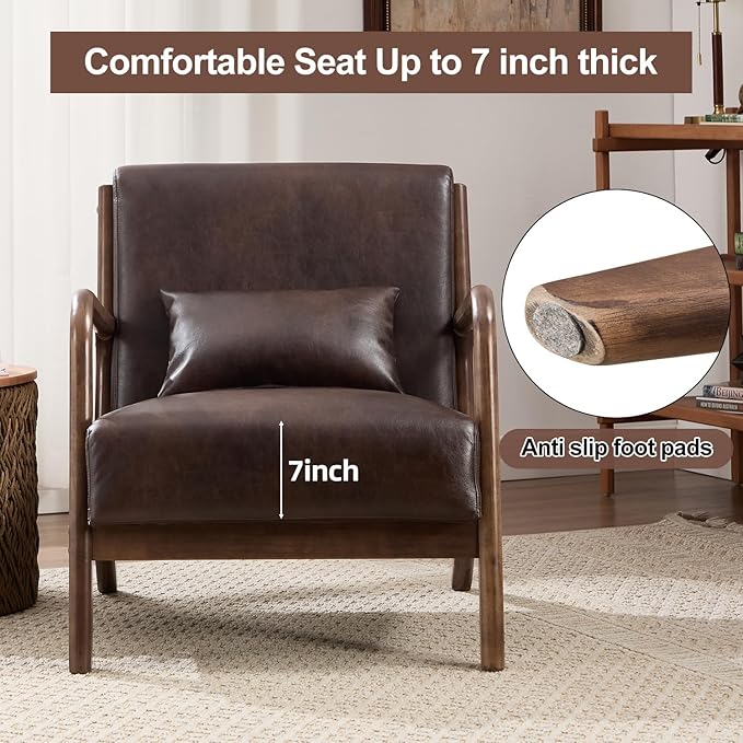 INZOY Mid Century Modern Accent Chair with Wood Frame, Upholstered Reading Armchair with PU Leather, Accent Chair for Living Room Bedroom Apartment, Easy Assembly, Chocolate Brown