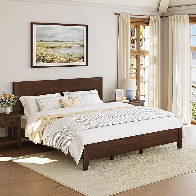 Cozyman King Bed Frame and Headboard, 100% Solid Acacia Wood Platform, 800lb Heavy Duty Support with 10 Reinforced Legs, Noise-Free No Box Spring Needed, Low-Profile Design, Walnut