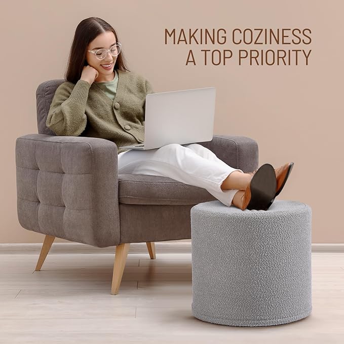 Grey Round Ottoman Foot Rest Stool – Modern Boucle Fabric Footstool with Soft Foam Filling, Lightweight Pouf for Living Room, Bedroom, Home Office – Neutral Grey