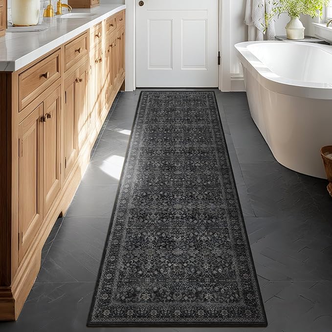 Dark 2'6''x8' Kitchen Runner Rug, Vintage Farmhouse Carpet Runners for Hallway 8ft Non Slip Washable, Low Pile Thin Entryway Runner Rug Indoor Foyer Mudroom Bathroom Bedroom, Midnight