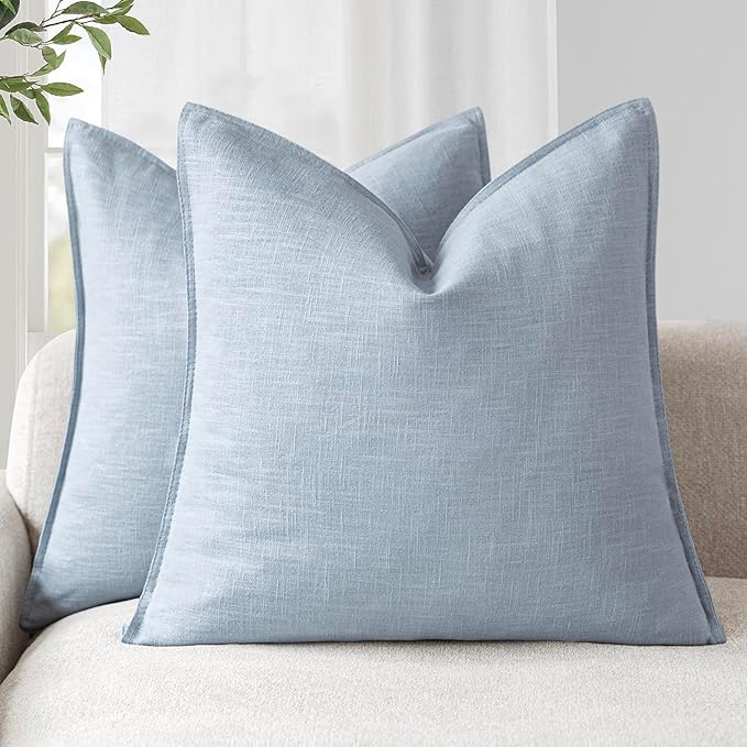 Foindtower Pack of 2, Decorative Linen Soild Throw Pillow Covers Soft Accent Euro Cushion Case Boho Farmhouse Pillowcase for Chair Couch Sofa Bedroom Living Room Home Decor 24 x 24 Inch Sky Blue