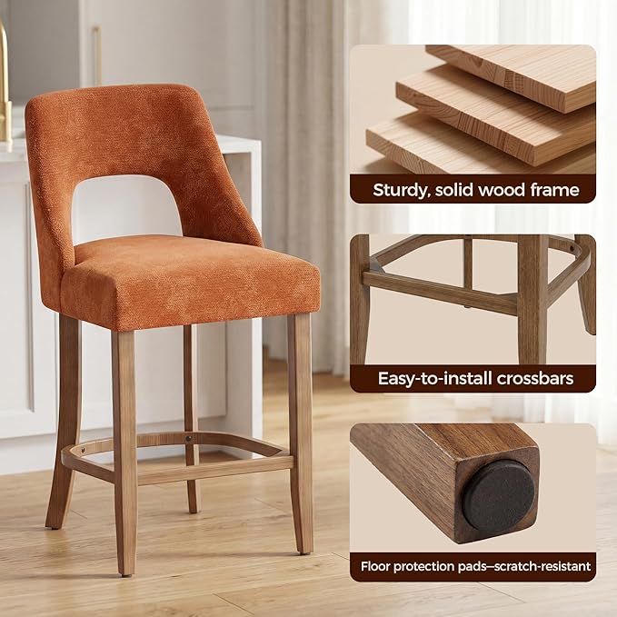 UVV Bar Stools Set of 4, Upholstered Counter Height Bar Stools, Modern Counter Stools with Wood Legs for Kitchen Island Dining Room Bar, Orange
