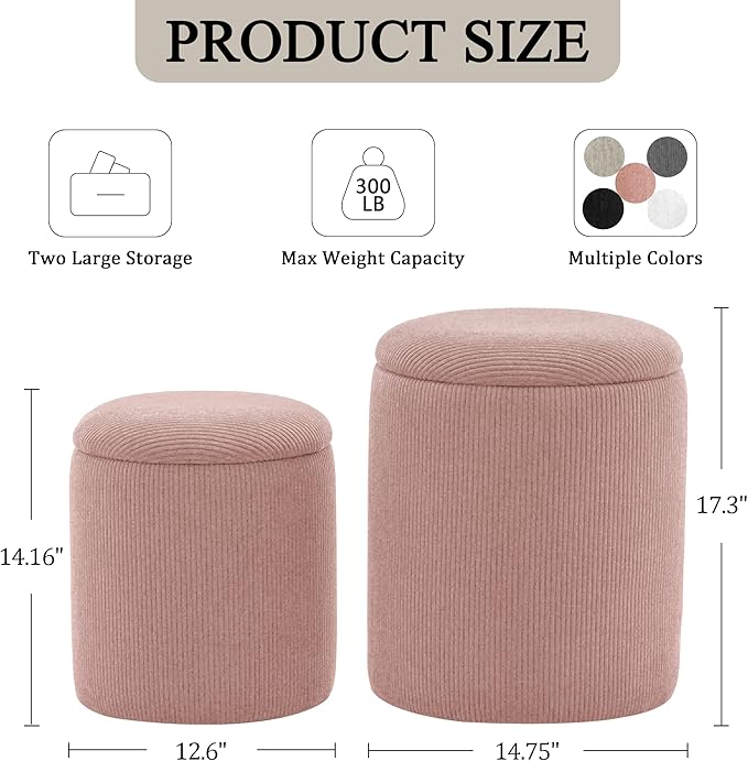 YSICK Round Ottoman with Storage, Set of 2, Small Vanity Stool as Vanity Chair, Corduroy Ottoman Foot Rest for Small Space, Living Room, Bedroom, Pink