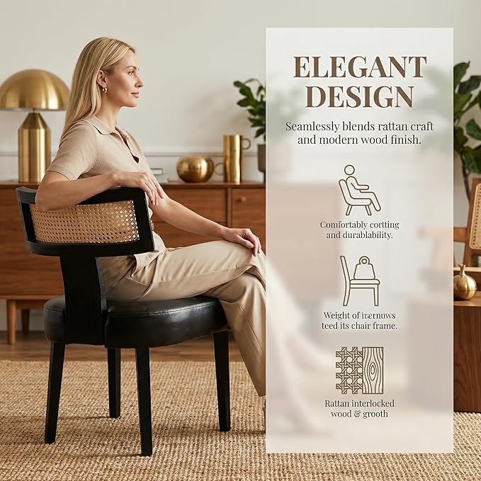 HNY Mid Century Modern Rattan Dining Chairs Set of 4, Farmhouse PU Leather Upholstered Accent Chair Curved Backrest Kitchen Chairs, with Black Hardwood Frame, Black