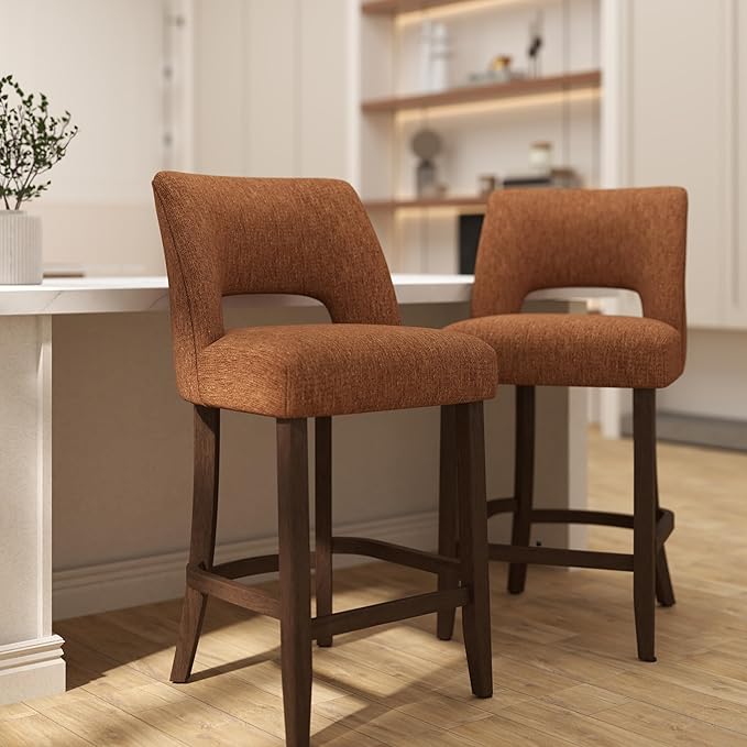 VKNOW Bar Stools Set of 6, 26" Upholstered Counter Height Bar Stools,Modern Counter Stools with Wood Legs for Kitchen Island Dining Room Bar,Orange