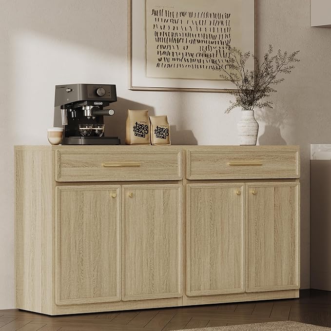 SICOTAS Buffet Cabinet with Storage Tall Modern Console Storage Cabinet with Doors and Shelves 60" Long Wooden Sideboard Credenza Buffet Table Coffee Bar for Living Room Kitchen Dining Room Entryway