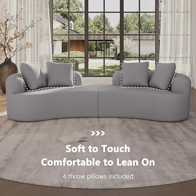 106.7" Modern Curved Oversized Sectional Sofa, Minimalist Modular Cloud Couch with 4 Throw Pillows, Luxury 4-Seater Extra Deep & Wide Seat Sofa in Soft Teddy Fabric, Pearl Grey