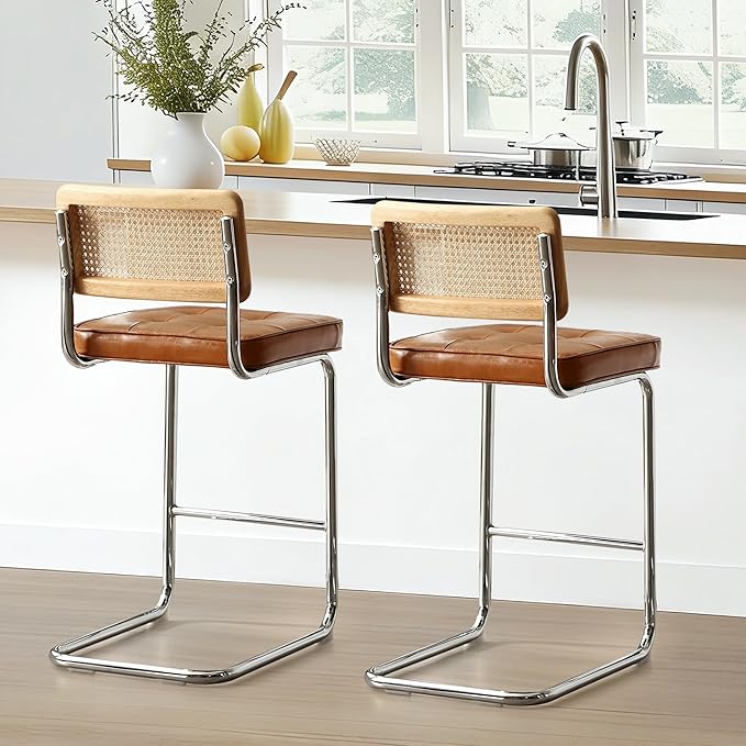 Zesthouse Natural Rattan Bar Stools Set of 4, Modern Counter Height Stools with Solid Wood Back, 26'' Counter Height Chairs, Mid Century Cantilevered Bar Chairs for Kitchen Island, Faux Leather Brown