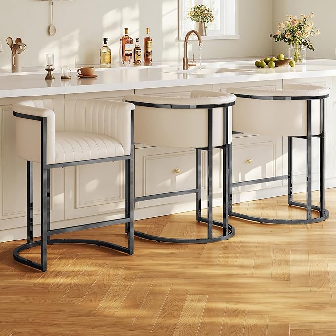 Modern Counter Height Bar Stools,Bar Stools Set of 3,PU Leather Upholstered Barrel Barstools with Backs and Arms,26'' Kitchen Island Chairs,Metal Black Frames,Beige White