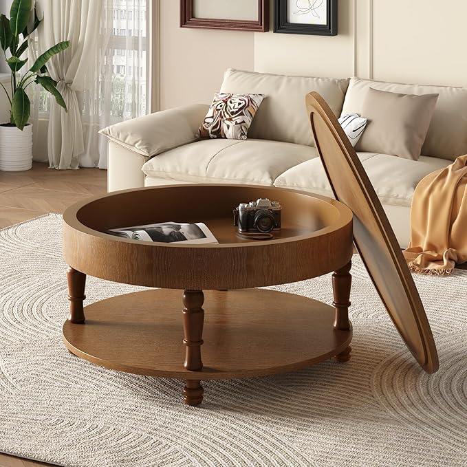 31.5" Round Coffee Table with Storage, 2 Tier Modern Center Table, Adjustable Leveling Feet, Easy Assembly, Wood Coffee Table for Living Room, Apartment, Small Space. (Walnut)