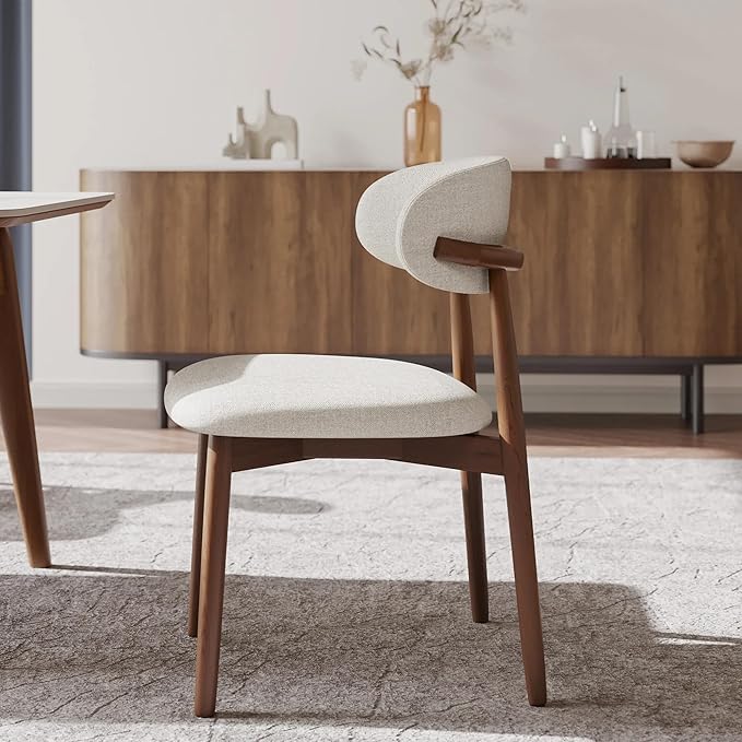 Modern Solid Wood Dining Chairs Set of 2 with Curved Back, Ergonomic Upholstered Seat, Natural Wood Legs with Adjustable Anti-Slip Foot Pad, for Kitchens, Living Rooms, Offices (S-Walnut, Set of 2)