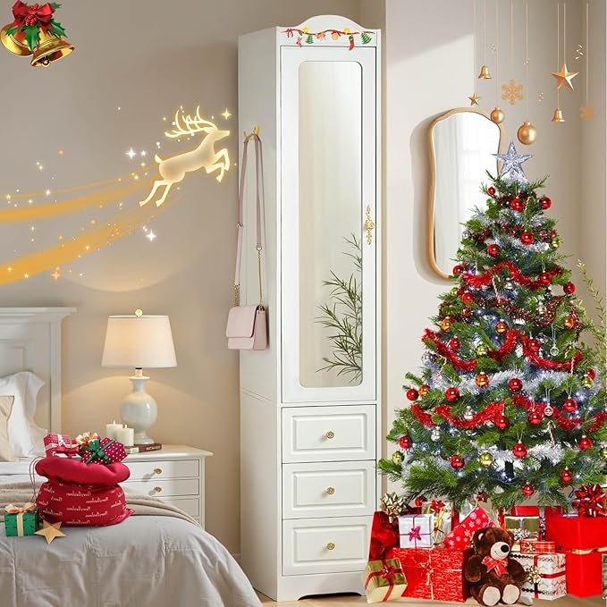 69.5" H Armoire Wardrobe Closet, Wood Bedroom Armoires Cabinet with Mirror Door and 3 Drawers, White Clothing Storage Cabinet with Hanging Rod & Sensor Light for Bedroom(Left)