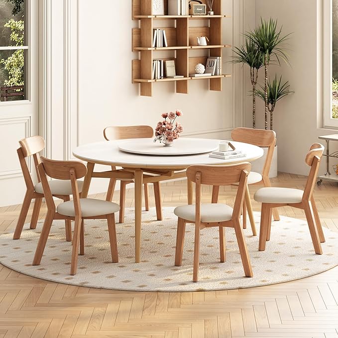 Dining Chairs Set of 2 Mid-Century Modern Oak Upholstered Scandinavian Solid Wood Kitchen & Dining Room Chairs with Curved Backrest Sillas de Comedor for Dining Table(Original/Beige)