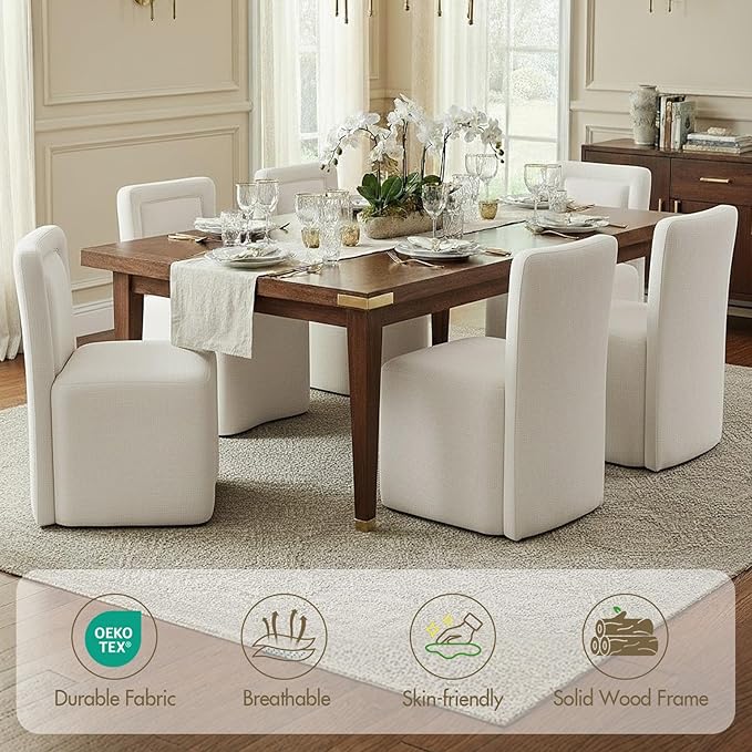 Hyfirm Upholstered Dining Chairs No Assembly, Set of 6 Modern Parsons Armless Kitchen Chairs with Padded Seat Cushion, Ready-to-Use White Linen Accent Side Chair for Diningroom Living Room Bedroom