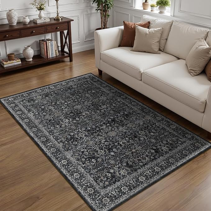 Dark 4x6 Washable Rug, Small Area Rugs Non Slip for Entryway Kitchen Bathroom, Vintage Farmhouse Low Pile Thin Throw Carpet Rug for Foyer/Nursery/Home Office/Living Room, Midnight