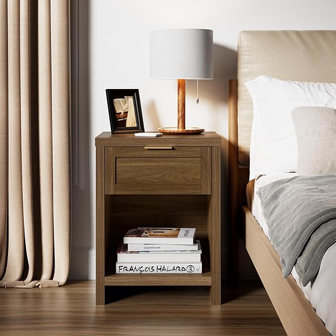 Walsham Natural Nightstands, Boho Bed Side Table for Living Room, Minimalist Night Stand with Drawer and Storage Shelf - Farmhouse End Tables for Bedroom (Special Walnut, 1 Set)