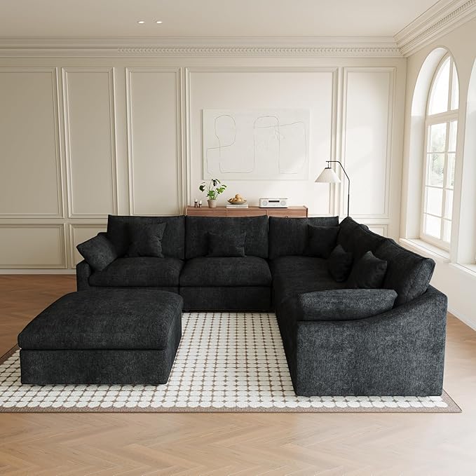Modular Sectional Sofa Cloud Couch, Oversized 5 Seater Couch with Ottomans, Extra Large V Shaped Sofas Deep Seat Couches for Living Room, Sofa Covers Washable&Removable, Black