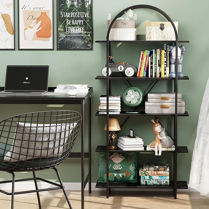 Arbuxzuy Arched Bookshelf 5 Tier Book Shelf, 31.5 Inch Width Industrial Arch Bookcase, Curved Tall Bookshelf with Open Shelves for Home Office, Living Room, Bedroom, Black
