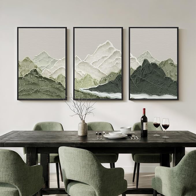 Framed Green Abstract Mountain Wall Art for Living Room, 3 Piece Large Landscape Prints Canvas Artwork for Walls, Modern Minimalist Scenic Pictures Bedroom Dining Room Home Office Wall Decor, 24x36 In