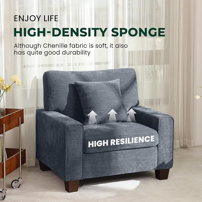DOPEDIO Modern Living Room Sofa Set, 88.58" Chenille Loveseat with 2 Accent Chairs, Removable Covers, Spring Cushions, Solid Wood Frame, Easy Assembly（88.58inch+2 Single,Blue）