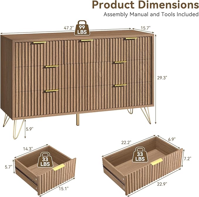 Fluted 7 Drawers Dresser for Bedroom, Wood Dressers with Scratch-Proof Golden Handles, Natural Curved Profile, Modern Chest for Living Room, Hallway, Entryway, Natural Oak