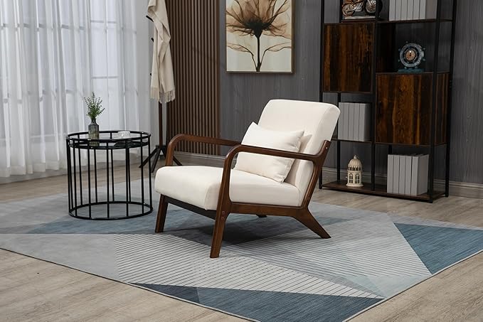 KEIKI Mid Century Modern Accent Chair Wood Frame, Cotton Linen Modern Minimalist Armchair for Small Spaces Living Room Bedroom Sunroom, Lounge Seat with Waist Cushion, Padded, Easy Setup, White