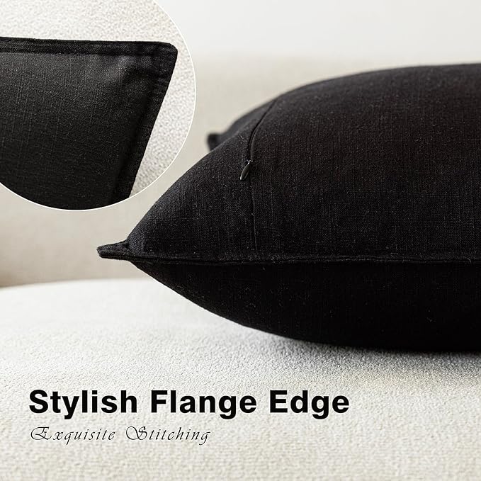 Foindtower Pack of 2, Decorative Linen Soild Throw Pillow Covers Soft Accent Cushion Case Boho Farmhouse Neutral Pillowcase for Chair Couch Sofa Bedroom Living Room Home Decor 22 x 22 Inch Black