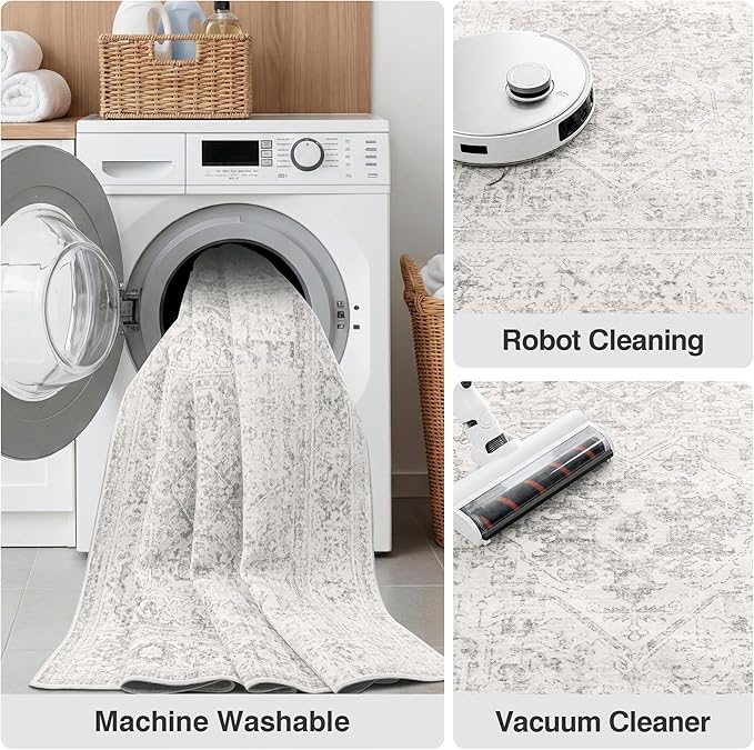 Fmfunctex 8x10 Washable Area Rug Grey Vintage Neutral Distressed Oriental Large Non Slip Carpet for Living Room Bedroom Soft Low Pile Indoor Gray Retro Throw Rug for Dining Room Kitchen Office Nursery